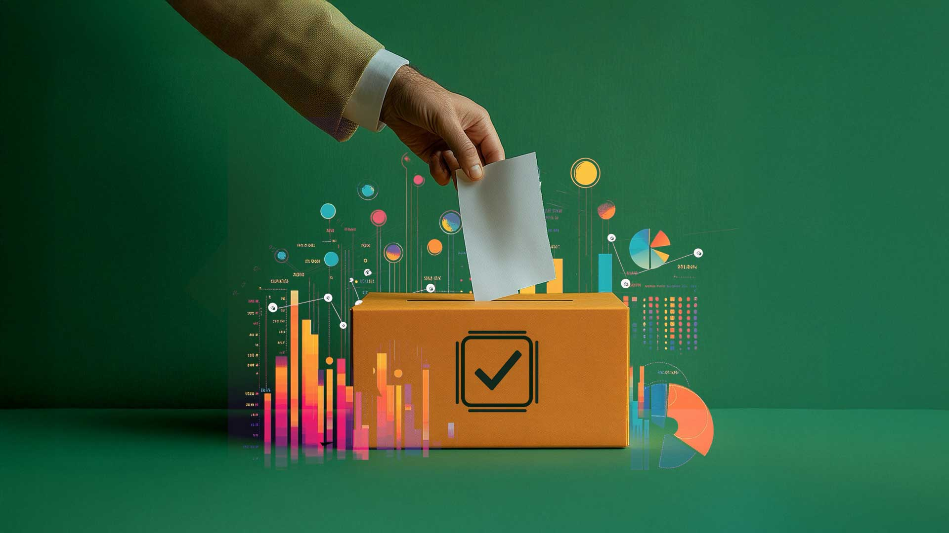 A conceptual image of a ballot box in orange with a checkmark icon on the front. A hand is placing a ballot into the box, while data visualizations like charts and graphs emerge around it against a green background. The image conveys themes of data transparency and informed decision-making