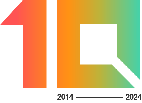 The number 10 filled with a colorful gradient, with '2014 → 2024' displayed underneath, separated by a black arrow.