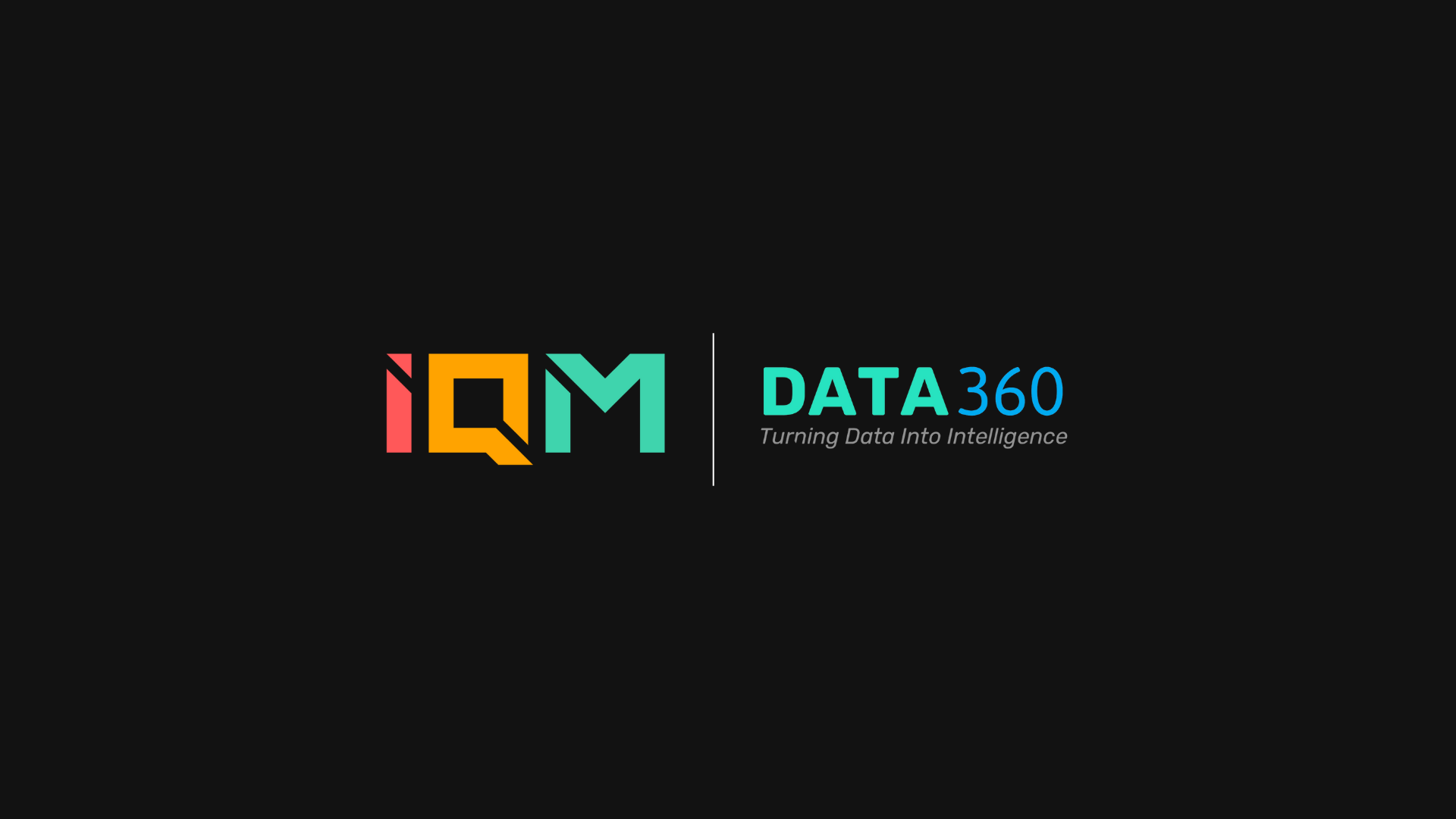 A black rectangular image featuring the IQM logo on the left in bold orange and teal lettering and the Data360 logo on the right in blue, accompanied by the tagline 'Turning Data Into Intelligence.' The overall design is sleek and professional.