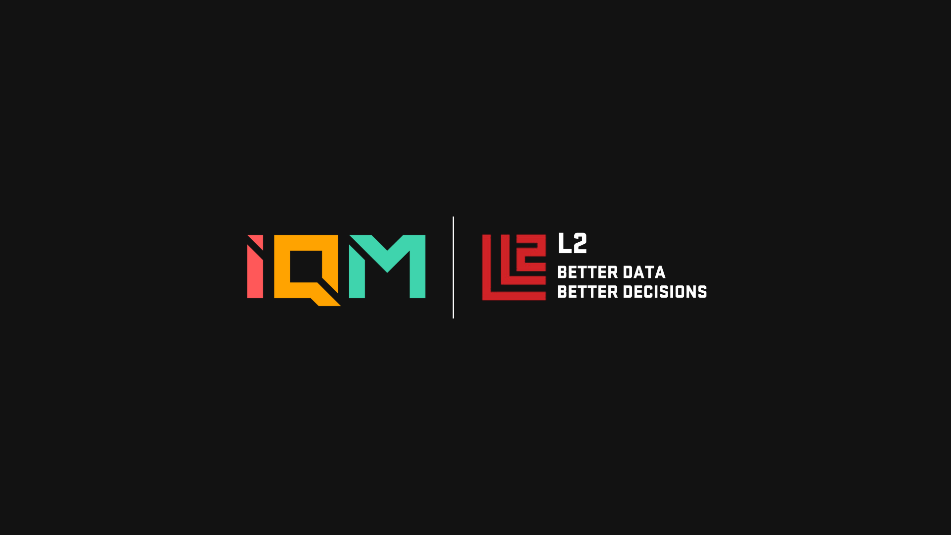 A black rectangular image featuring the IQM logo on the left in bold orange and teal lettering and the L2 logo on the right in red with the tagline 'Better Data, Better Decisions.' The design communicates precision and data-driven insights.