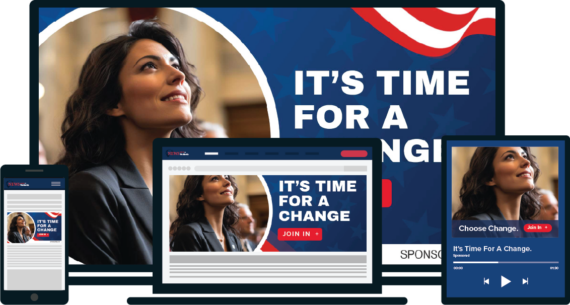 An image displaying advertisements for politics across various devices. A political advertisement with the text 'It's Time for a Change' is shown on a television screen with a patriotic blue and red background. The same ad is displayed on a smartphone screen, on a tablet screen, and on a laptop screen. The devices are arranged in a layered layout, highlighting diverse verticals in digital advertising.