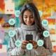 An image of a young woman wearing a cozy gray sweater, looking down at her smartphone with a smile. Surrounding her are icons representing aspects of her identity, such as a birthday cake, a diploma, and travel. The vibrant, colorful background adds energy and creativity, symbolizing personalized data insights