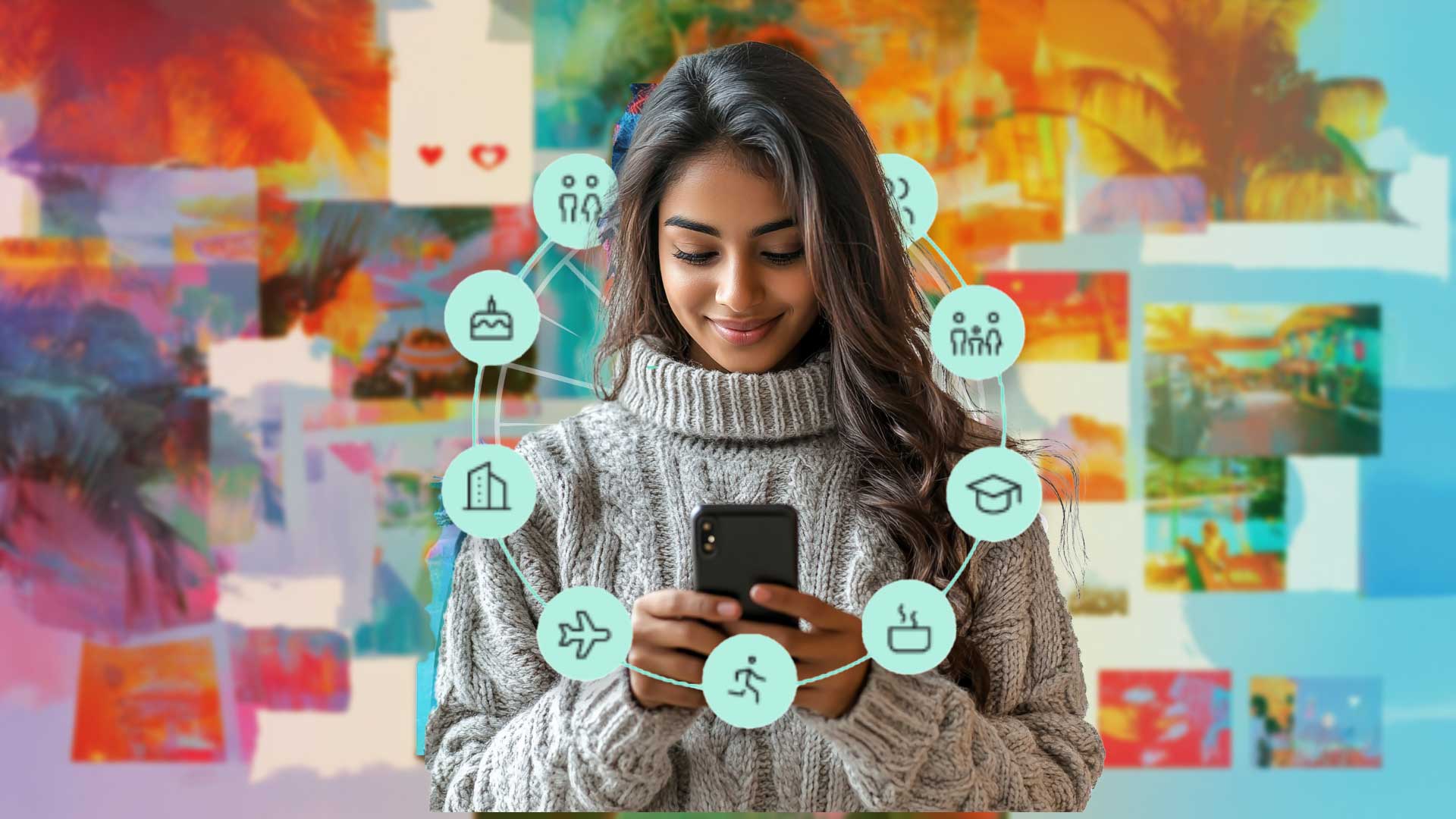 An image of a young woman wearing a cozy gray sweater, looking down at her smartphone with a smile. Surrounding her are icons representing aspects of her identity, such as a birthday cake, a diploma, and travel. The vibrant, colorful background adds energy and creativity, symbolizing personalized data insights