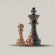 An artistic depiction of a large king and small pawn chess pieces constructed from vibrant multicolored data patterns. The chess pieces sit on a light background, symbolizing strategic decision-making and data-driven insights.