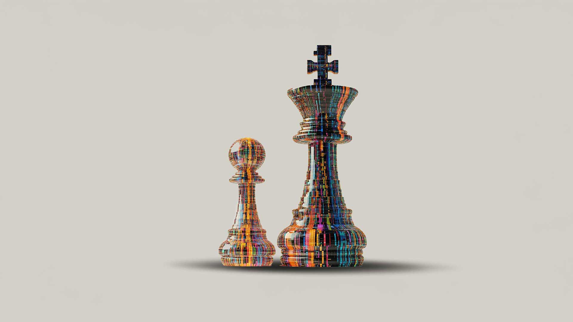 An artistic depiction of a large king and small pawn chess pieces constructed from vibrant multicolored data patterns. The chess pieces sit on a light background, symbolizing strategic decision-making and data-driven insights.