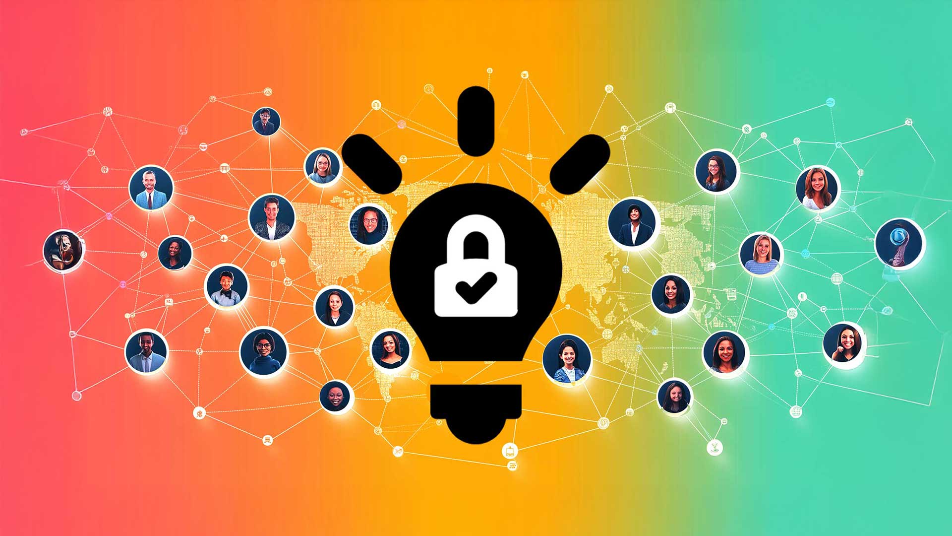 A vibrant network visualization featuring a central lightbulb icon with a lock symbol inside, representing security and innovation. Surrounding the lightbulb are connected headshots of diverse individuals, linked through a network of lines and nodes over a gradient background of orange and green.