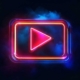 A neon play button icon glowing in pink and blue against a dark background. The icon is surrounded by a subtle haze, emphasizing a modern and dynamic approach to digital video content.